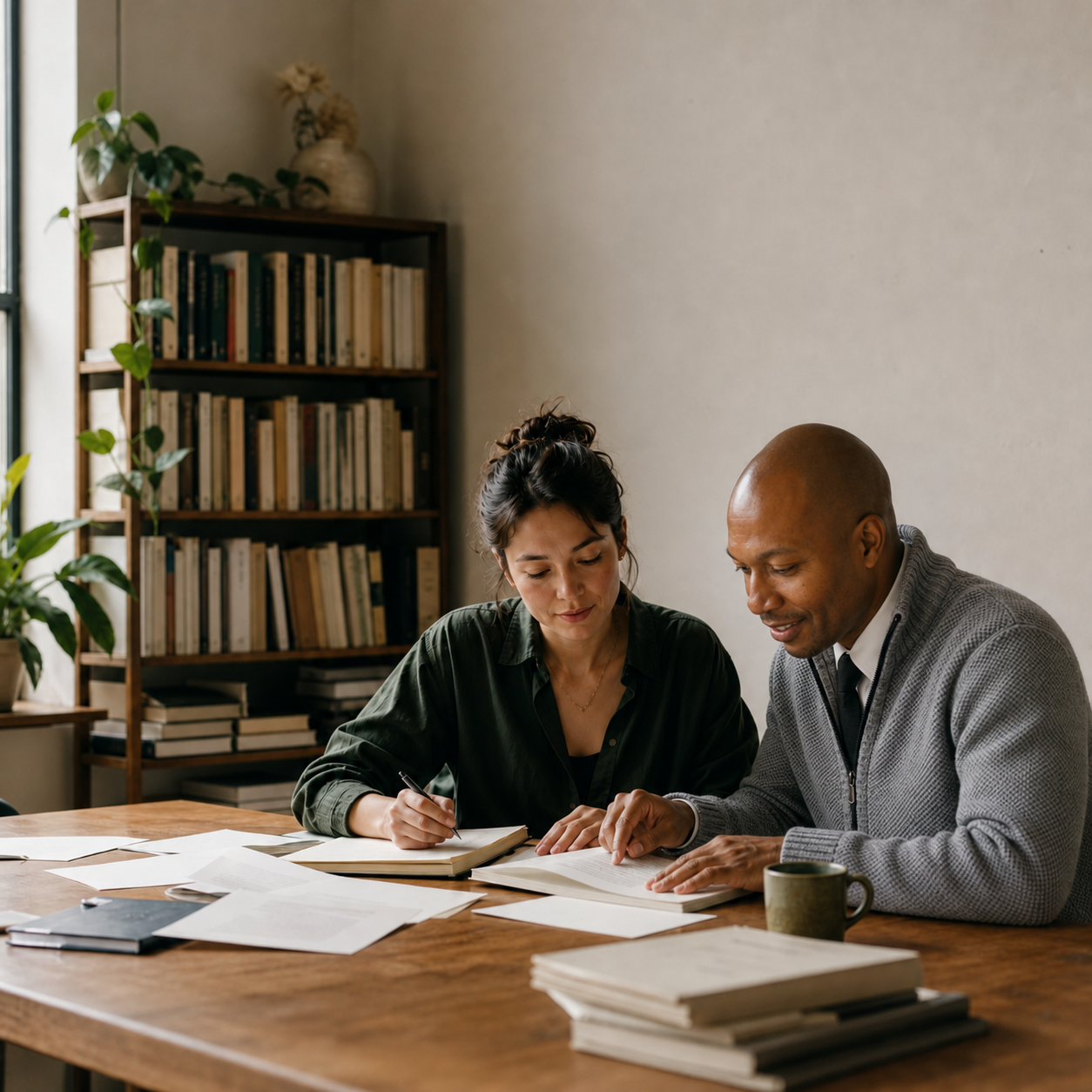 An author and editor working together at a table