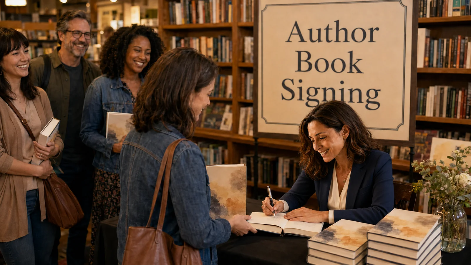 An author signing books for readers at a bookstore