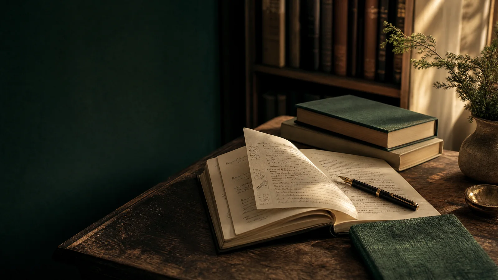 Books and manuscript pages on a writer’s desk