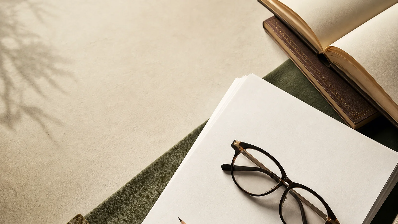 A quiet writing desk with paper and a pen
